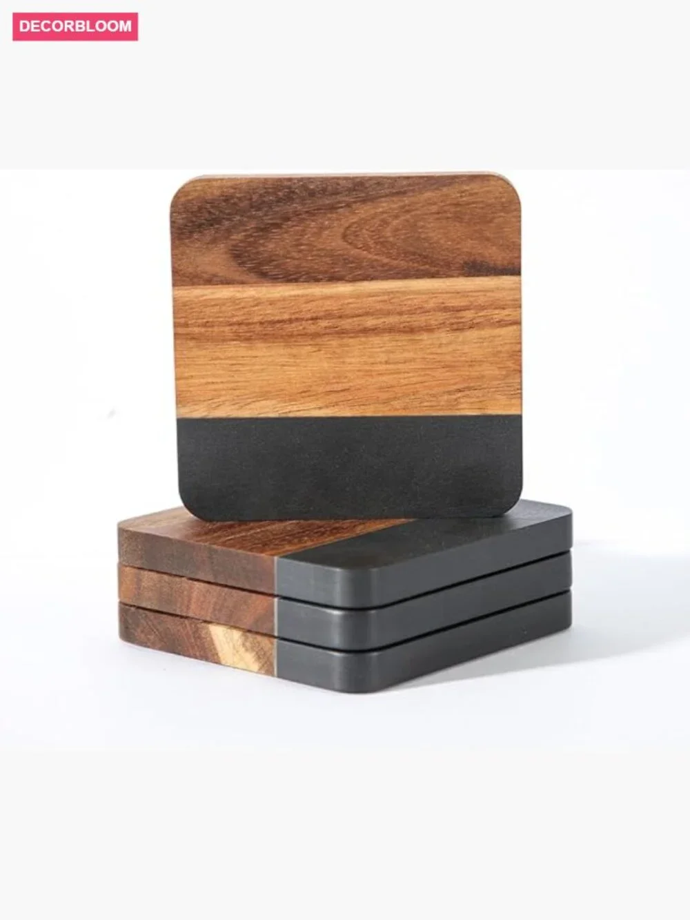 Set of 4 Square Wooden Marble Coasters, Non-Slip for Mugs Glasses, Home Bar